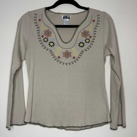 VTG 90s Y2K 70s Hippie Prairie Tan Floral Embroidered Bellsleeve Longsleeve Top - Picture 1 of 5